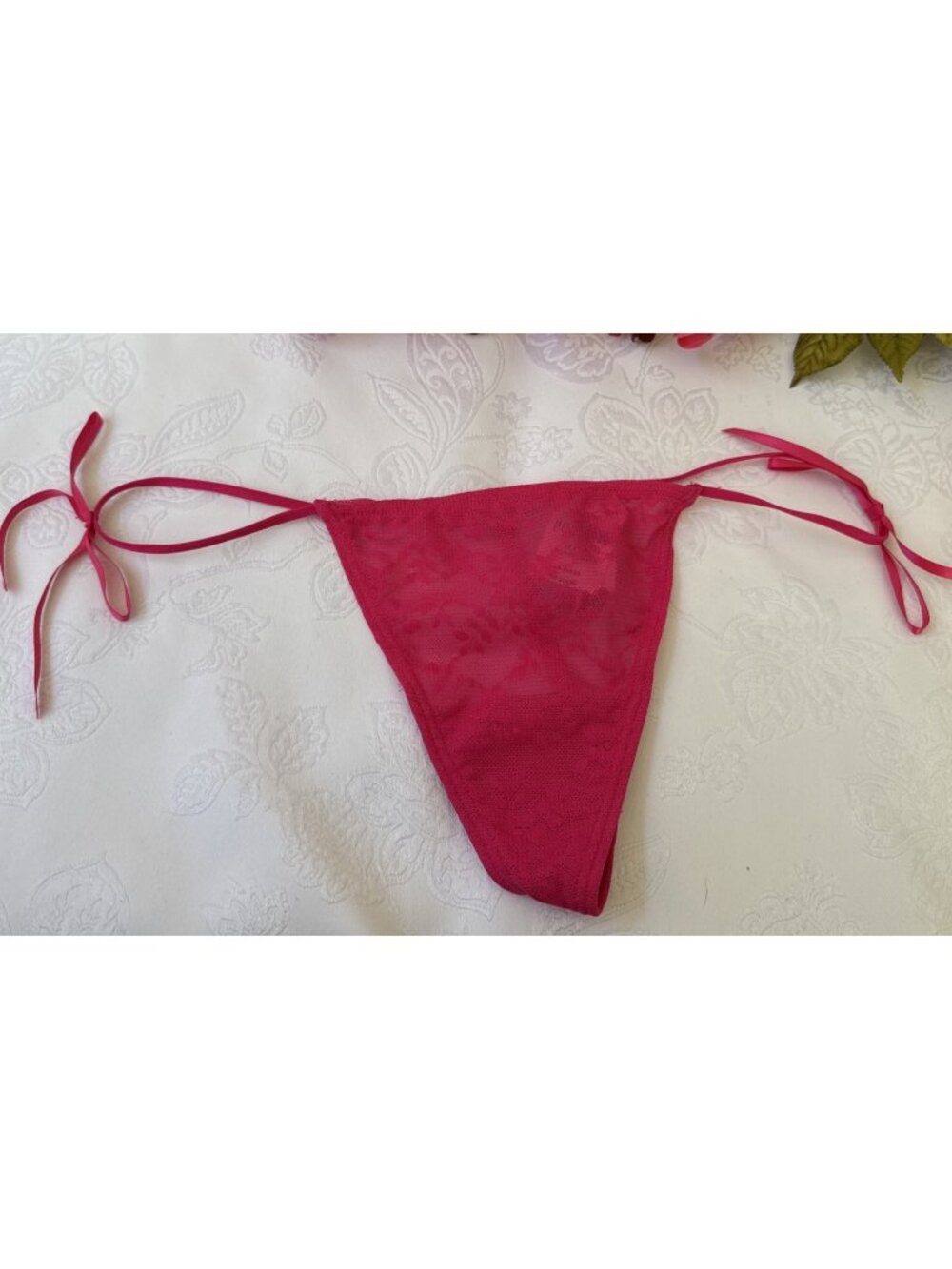 PINK VICTORIA'S SECRET TINY V STRING BOW TIE THONG PANTIES LACE MESH NWT